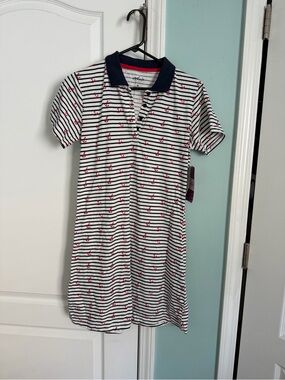 chic Navy & White Striped Polo Dress with Red Anchor Print